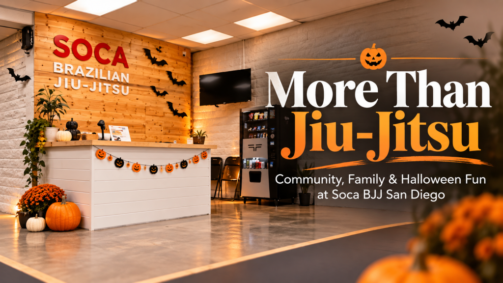 Soca BJJ San Diego students and families celebrating together at the academy
